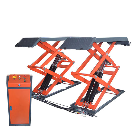 A detailed product shot of the Katool Full Rise Scissor Lift KT-X95, showcasing the main unit on a white background with its dual red scissor arms and black lifting platforms fully extended to its maximum height capacity. The orange control cabinet with its push-button interface is visible on the left side, while the text "Capacity 8000lbs," "220V/60HZ/1PH," and the "KATOOL" logo are displayed prominently at the top.