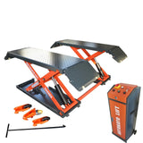 Katool X85-ELECTRIC mid-rise scissor lift in orange and black with dual textured steel platforms angled upward, reinforced orange scissor arms, and hydraulic cylinders for stability. A compact control unit with orange faceplate and push-button safety controls stands to the right. Four orange mobility wheels, rubber pads, and a long black handle are placed on the ground in front, emphasizing the portable kit. Built with a CE-approved steel frame, 8000 lbs lifting capacity, and a 110V 60HZ 1PH motor system.