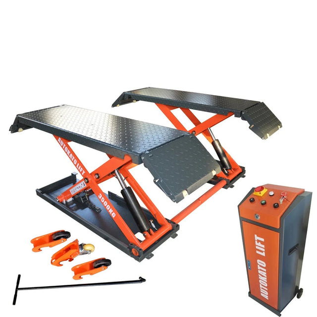 Katool X85-ELECTRIC mid-rise scissor lift in orange and black with dual textured steel platforms angled upward, reinforced orange scissor arms, and hydraulic cylinders for stability. A compact control unit with orange faceplate and push-button safety controls stands to the right. Four orange mobility wheels, rubber pads, and a long black handle are placed on the ground in front, emphasizing the portable kit. Built with a CE-approved steel frame, 8000 lbs lifting capacity, and a 110V 60HZ 1PH motor system.