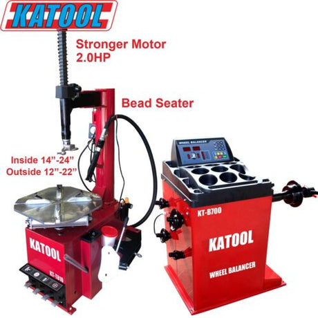 A detailed product shot of the Katool KT-T810 Tire Changer, emphasizing its durable construction. The image highlights the powerful 2.0 HP motor and the bead seator, with text overlays showing the "Stronger Motor 2.0HP" and "Bead Seater," along with the clamping ranges "Outside 12"-22"" and "Inside 14"-24".