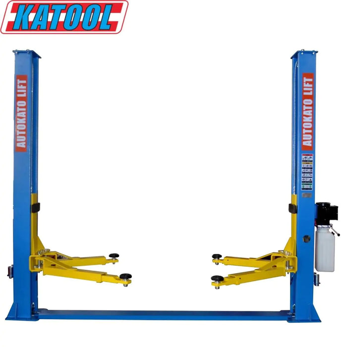 The blue and yellow Katool Two Post Vehicle Lift 10,000lbs H105 is showcased in a white background, with the lift's hydraulic columns and asymmetrical lifting arms fully extended.