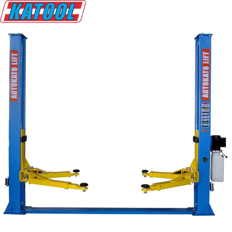 The blue and yellow Katool Two Post Vehicle Lift 10,000lbs H105 is showcased in a white background, with the lift's hydraulic columns and asymmetrical lifting arms fully extended.