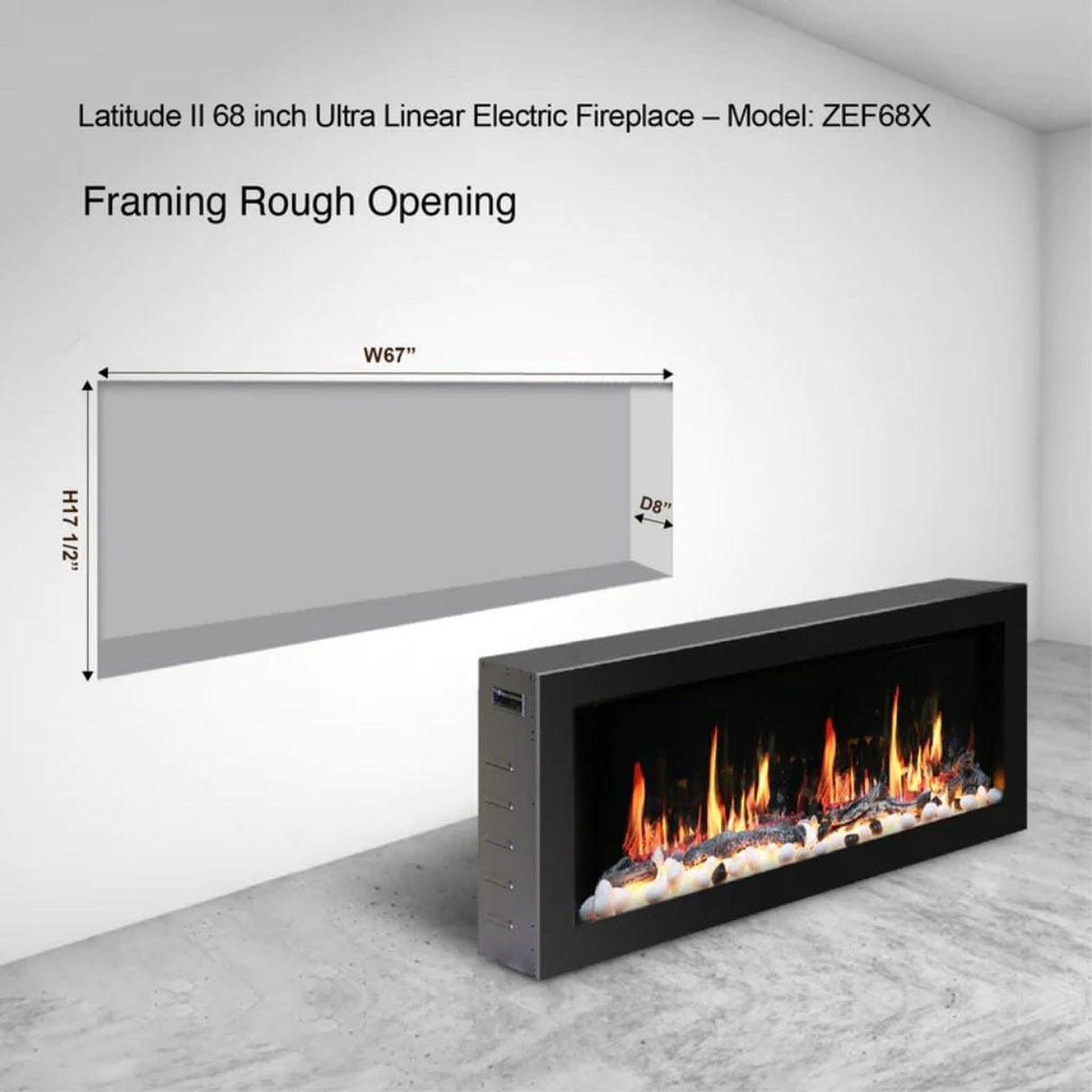 Litedeer Homes Latitude II 68" Smart Electric Fireplace with Multi-flame Style APP Driftwood Log & River Rock ZEF68X