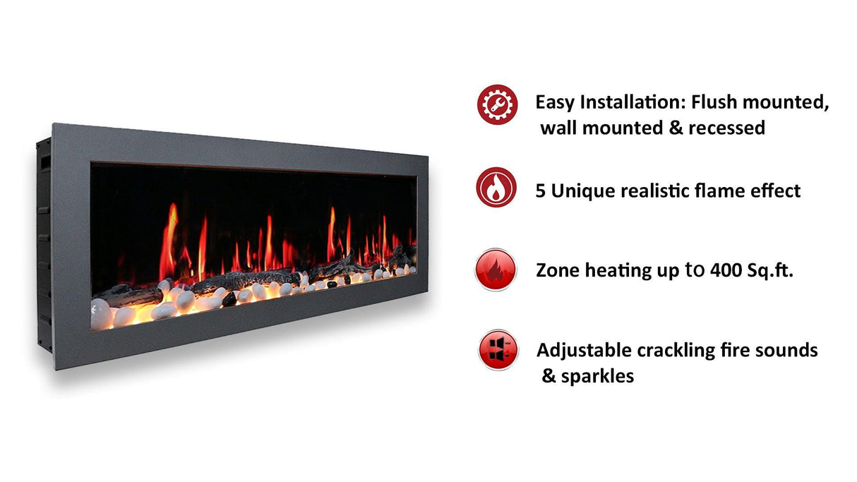 Litedeer Homes Gloria II 68" White Seamless Push-in Wall Mount Electric Fireplace With Crushed Ice Rocks ZEF68XCW