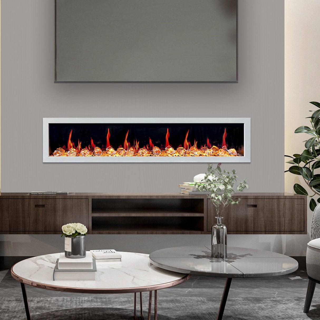 Litedeer Homes Gloria II 78" White Seamless Push-in Wall Mount Electric Fireplace With Crushed Ice Rocks ZEF78VCW