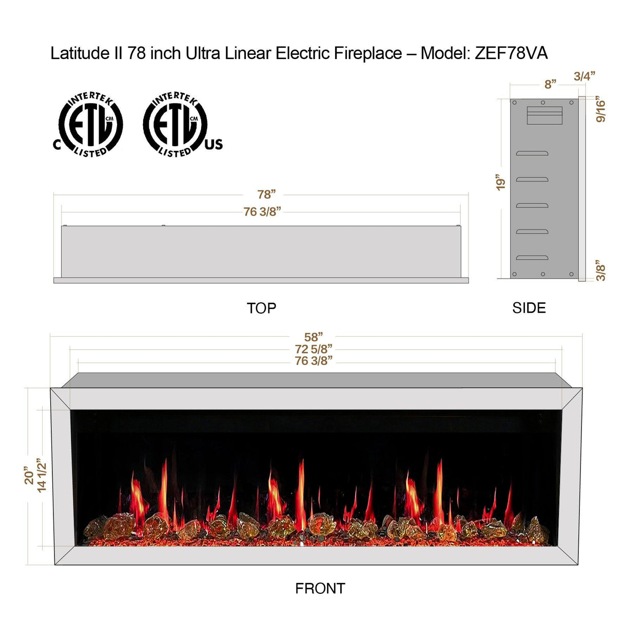 Litedeer Homes Gloria II 78" White Seamless Push-in Wall Mount Electric Fireplace With Crushed Ice Rocks ZEF78VCW