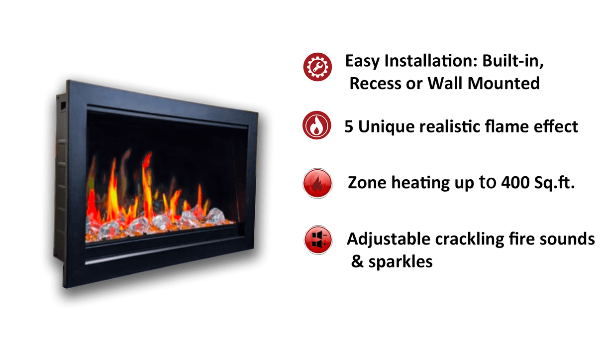 Litedeer Homes LiteStar 38" Black Smart Multi Flame Wall Mount Electric Fireplace Insert With Luster Copper Reflective Glass ZEF38VC-A