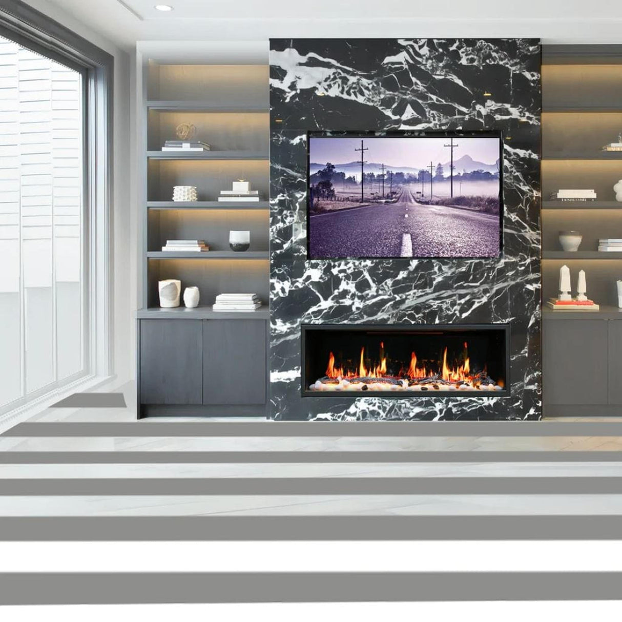 Litedeer Latitude 45" Smart Linear WiFi Enabled Vent-Free Built-In Electric Fireplace With Driftwood Log & River Rock ZEF45X