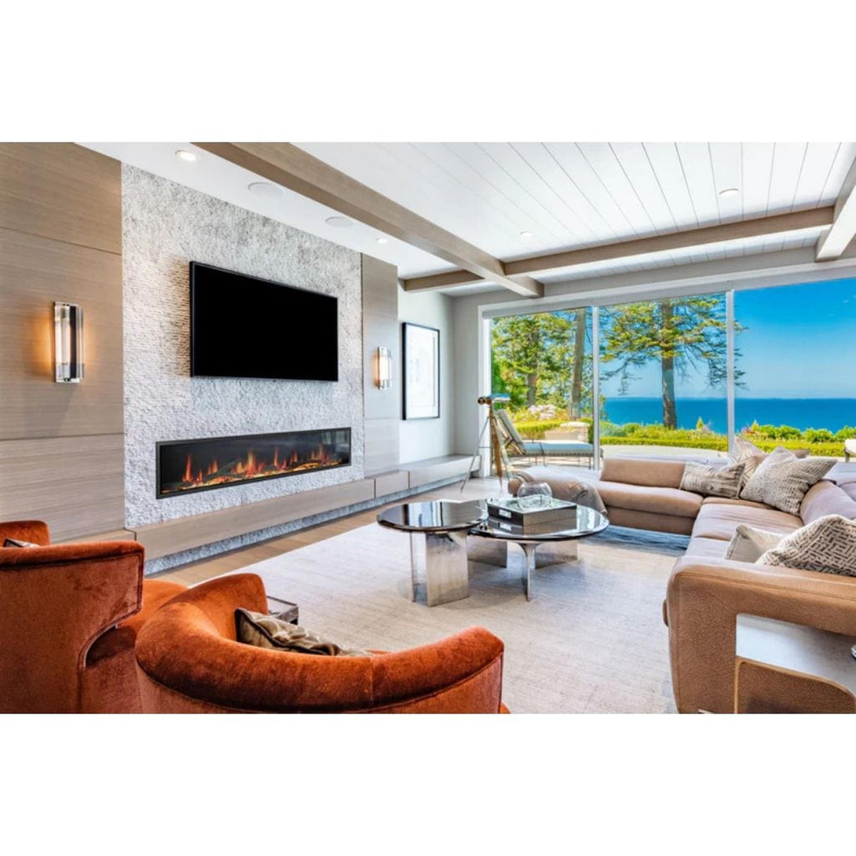 Litedeer Homes Latitude 75" Smart Linear WiFi Enabled Vent-Free Built-In Electric Fireplace With Driftwood Log & River Rock ZEF75V