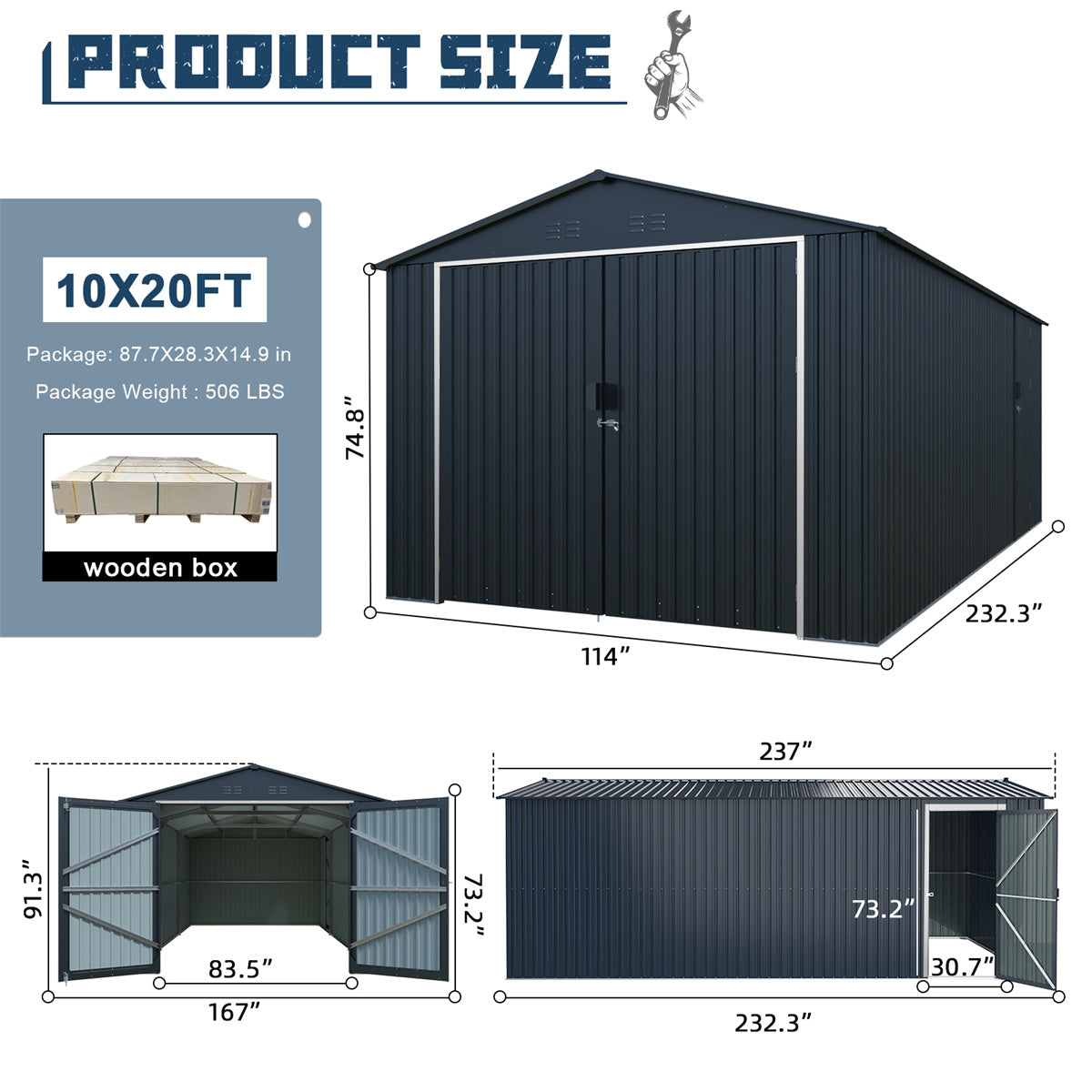 Chery Industrial 10'x20' Plus Upgraded Metal Garage Shed with Double Front Doors, Side Entry Door