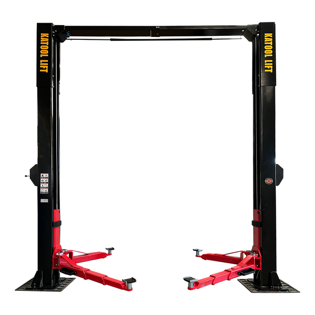 The black and red Katool KT-M150D Two Post Lift is shown in its complete symmetric form against a white background.