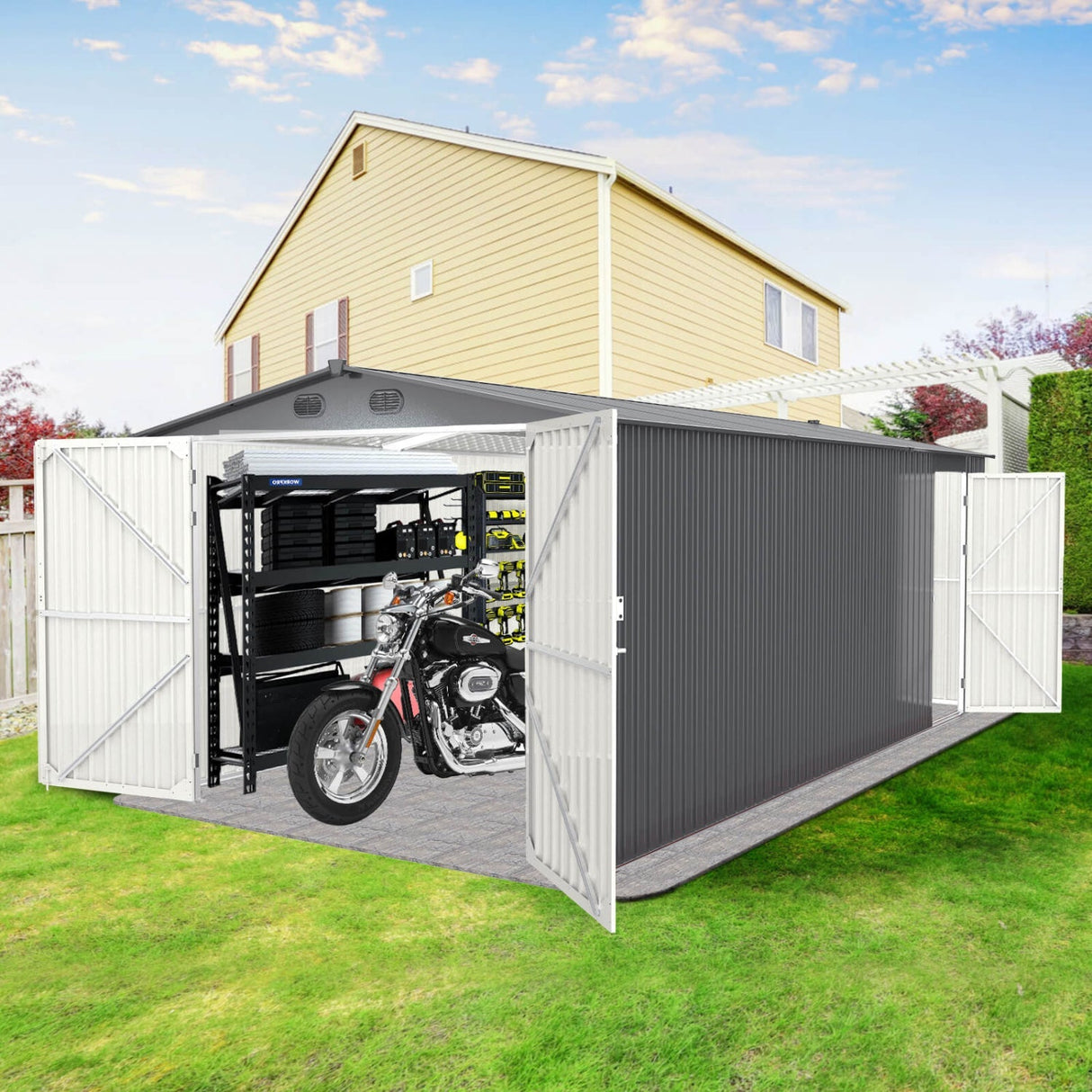 Chery Industrial 10’ x 20’ Metal Garage Shed with Double Front Doors & Side Entry Door