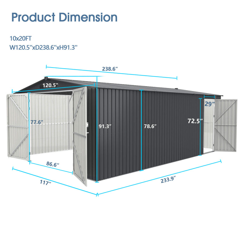 Chery Industrial 10'x20' Metal Garage Shed with Double Front Doors, Side Entry Door