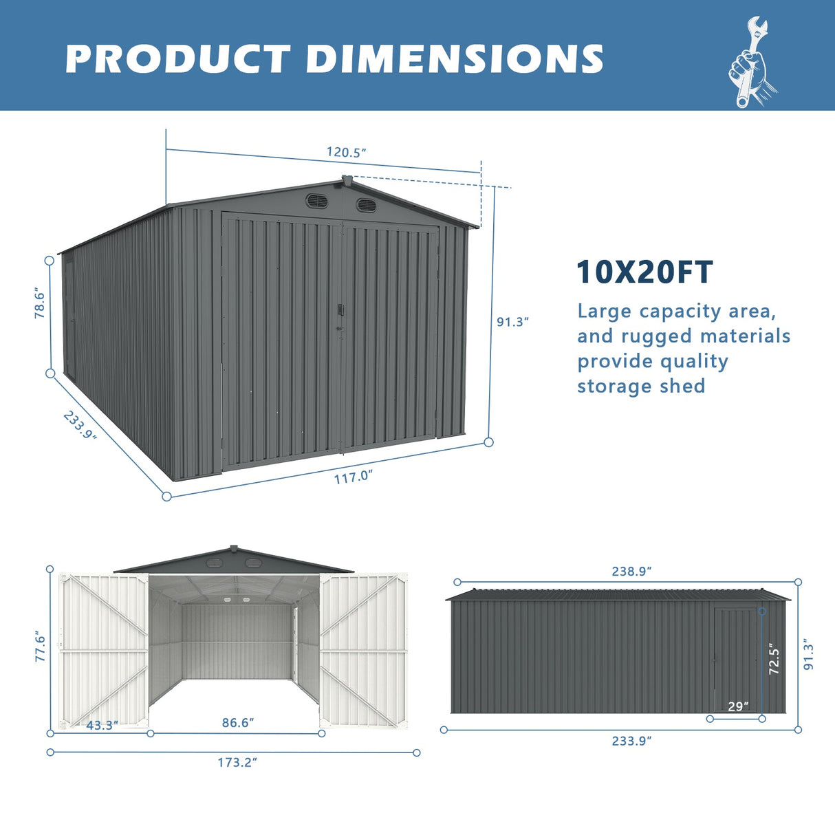 Chery Industrial 10'x20' Metal Garage Shed with Double Front Doors, Side Entry Door