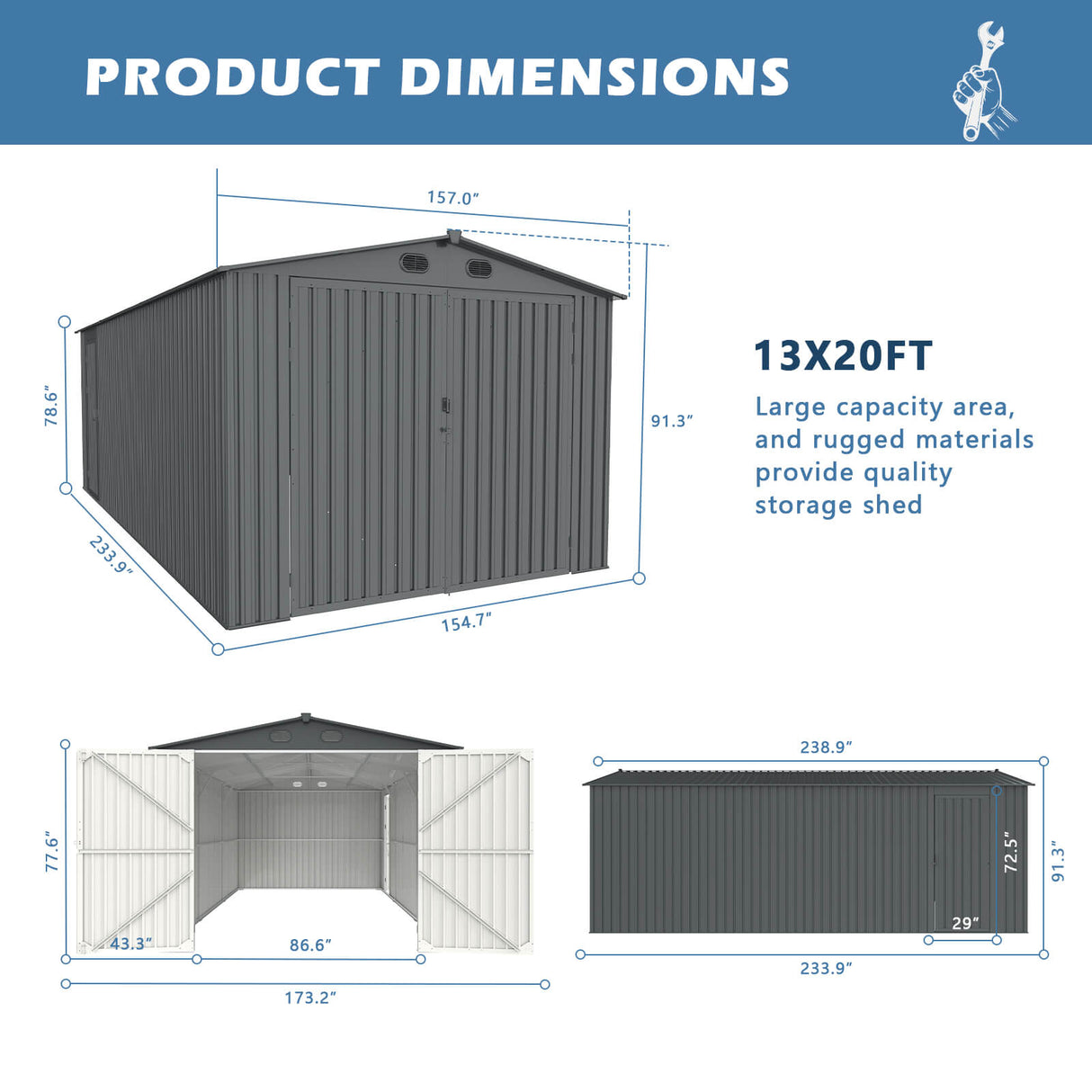 Chery Industrial 13’ x 20’ Metal Storage Shed with Double Front Doors & Side Entry Door