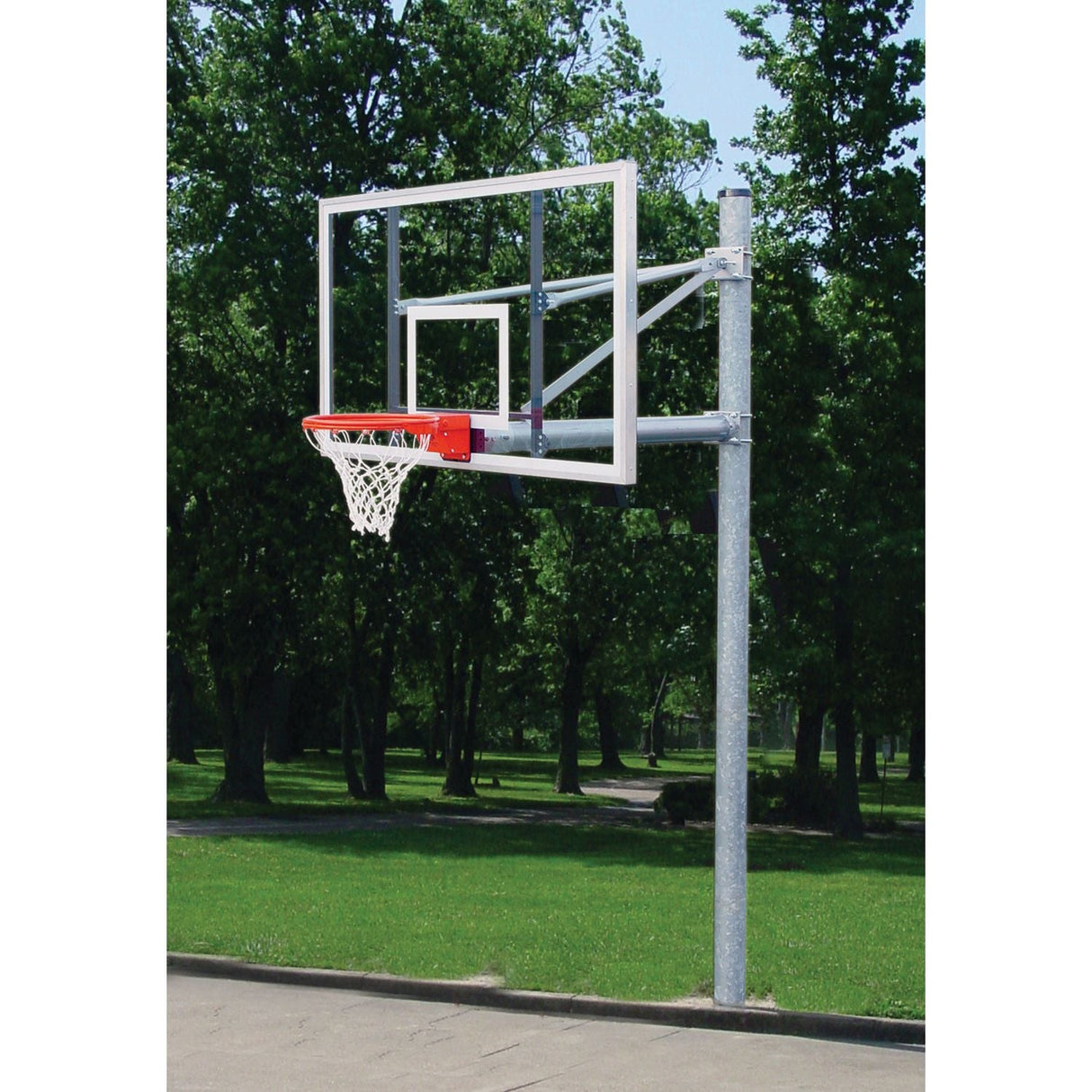 Gared 5‑9/16″ O.D. Heavy Duty Straight Post Basketball Package w/ 42″ × 72″ Glass Backboard & Double Breakaway Rim PK6091