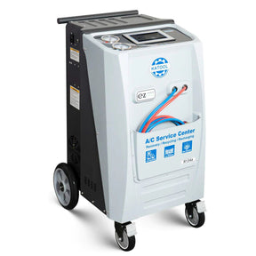 A full, angled view of the Katool R-134A AC1800 AC Service Center machine, showcasing its white and black design, control panel, service hoses, and wheels.