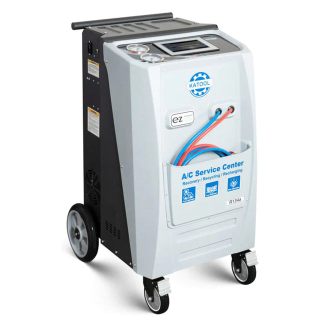 A full, angled view of the Katool R-134A AC1800 AC Service Center machine, showcasing its white and black design, control panel, service hoses, and wheels.