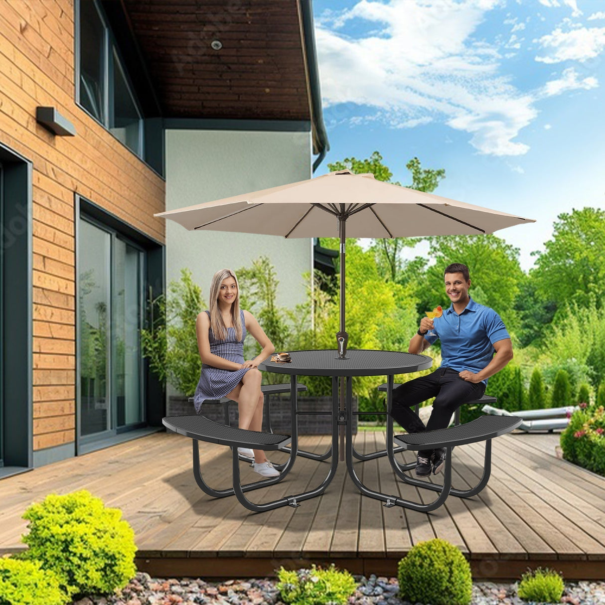 Chery Industrial 46" Metal Round Portable Picnic Table with Umbrella Hole