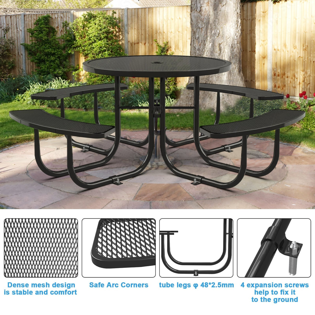 Chery Industrial 46" Metal Round Portable Picnic Table with Umbrella Hole