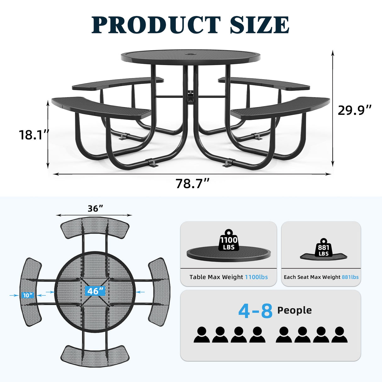 Chery Industrial 46" Metal Round Portable Picnic Table with Umbrella Hole