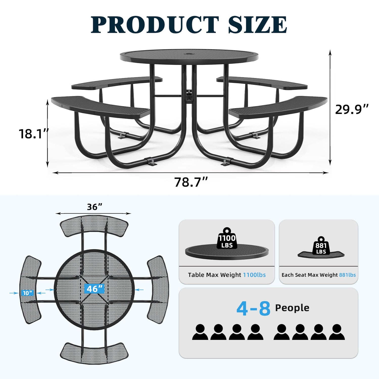 Chery Industrial 46" Metal Round Portable Picnic Table with Umbrella Hole