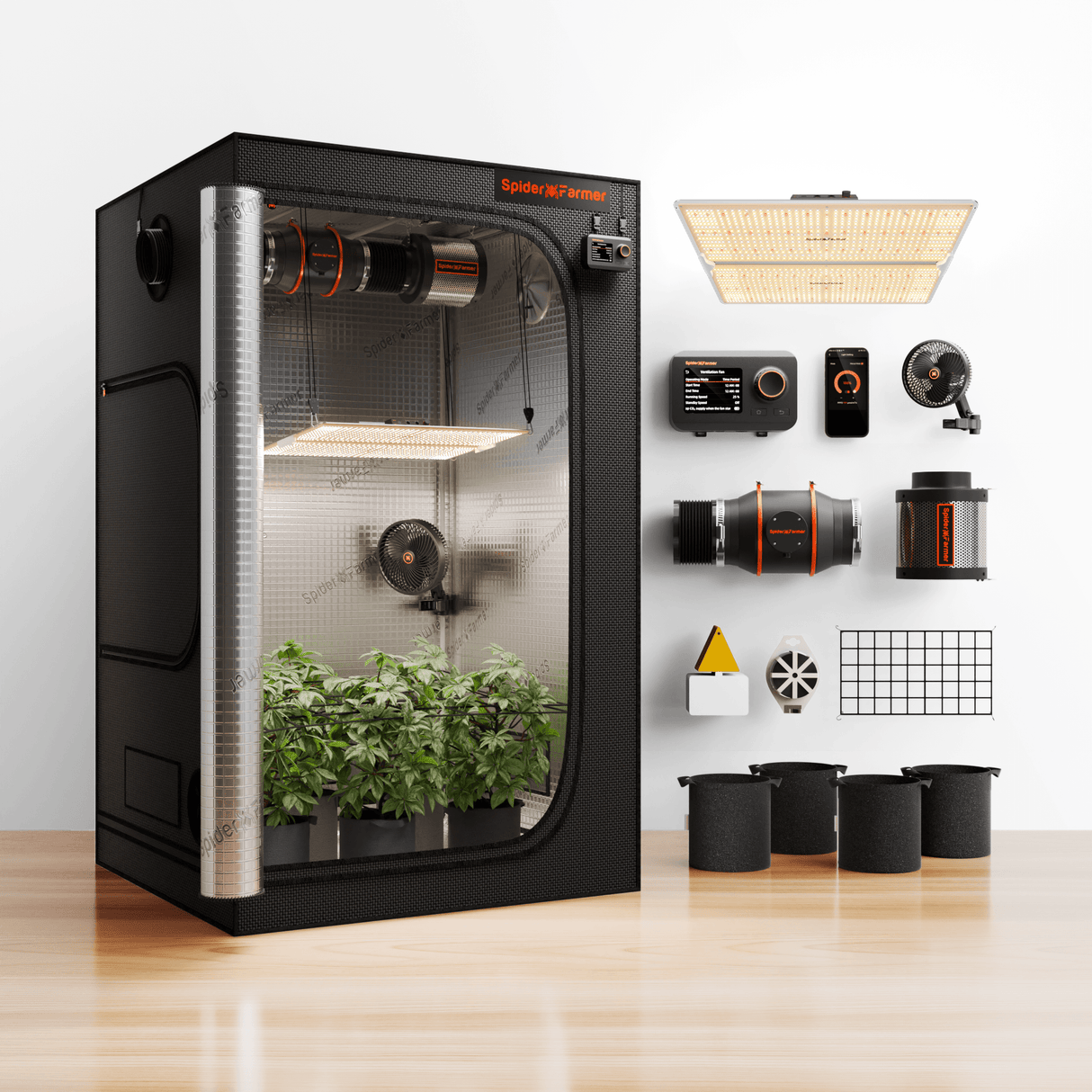 Spider Farmer 4‘x4‘x6.5‘Complete Grow Tent Kit丨SF4000 450W Full Spectrum LED Grow Light丨6” Ventilation System with Humidity and APP GGS Controller丨6” Clip Fan