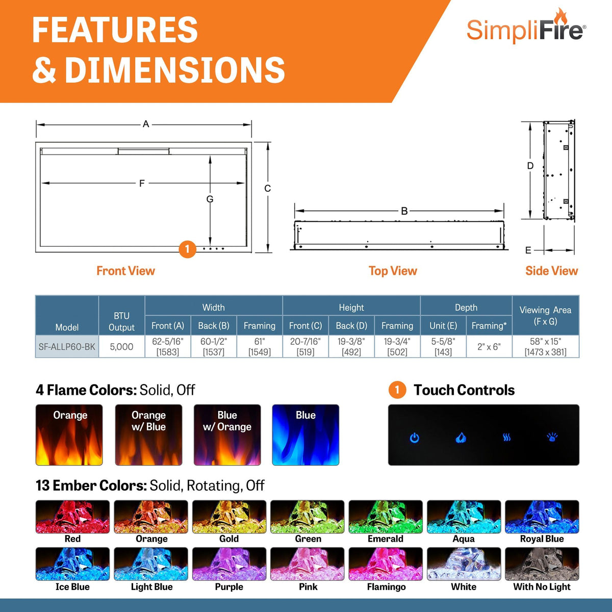 SimpliFire Allusion Platinum 60-Inch Wall Mount/Recessed Linear Electric Fireplace