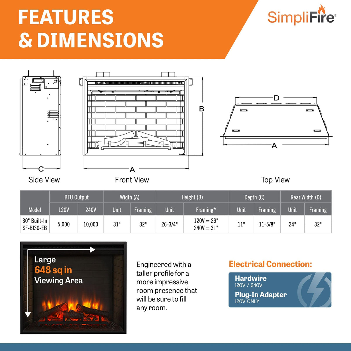 SimpliFire 30-Inch Built-In Electric Fireplace