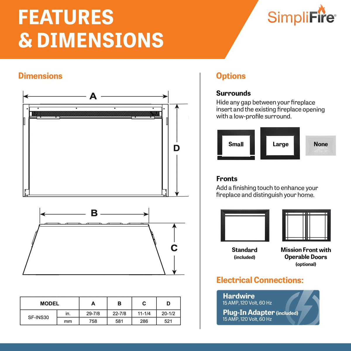 SimpliFire 30-Inch Traditional Electric Fireplace Insert