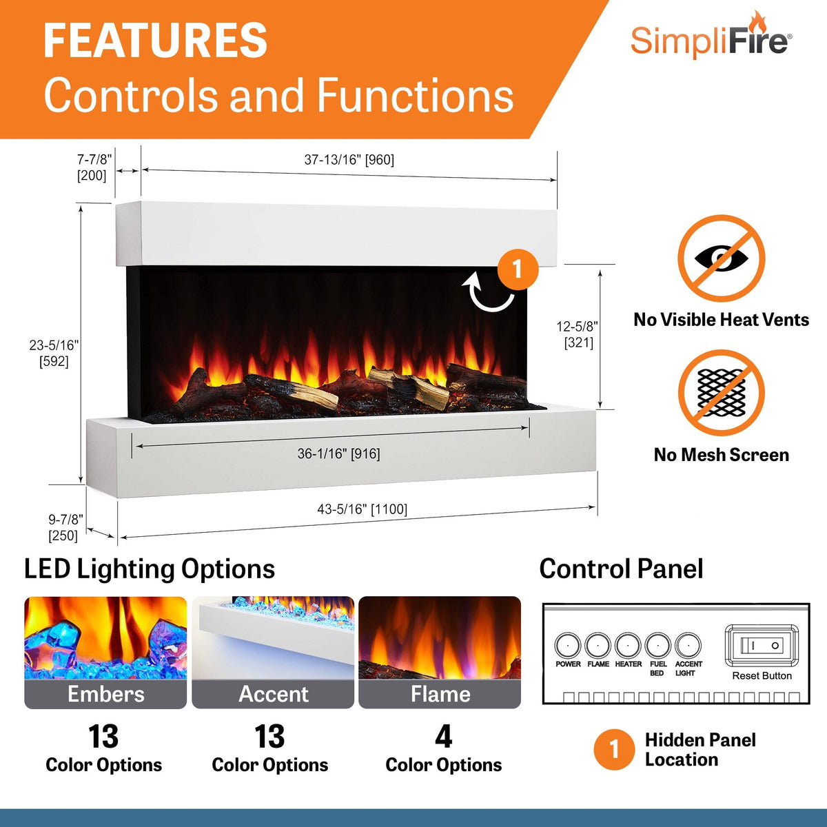 SimpliFire Format 43-Inch Floating Mantel Wall Mount Linear Electric Fireplace
