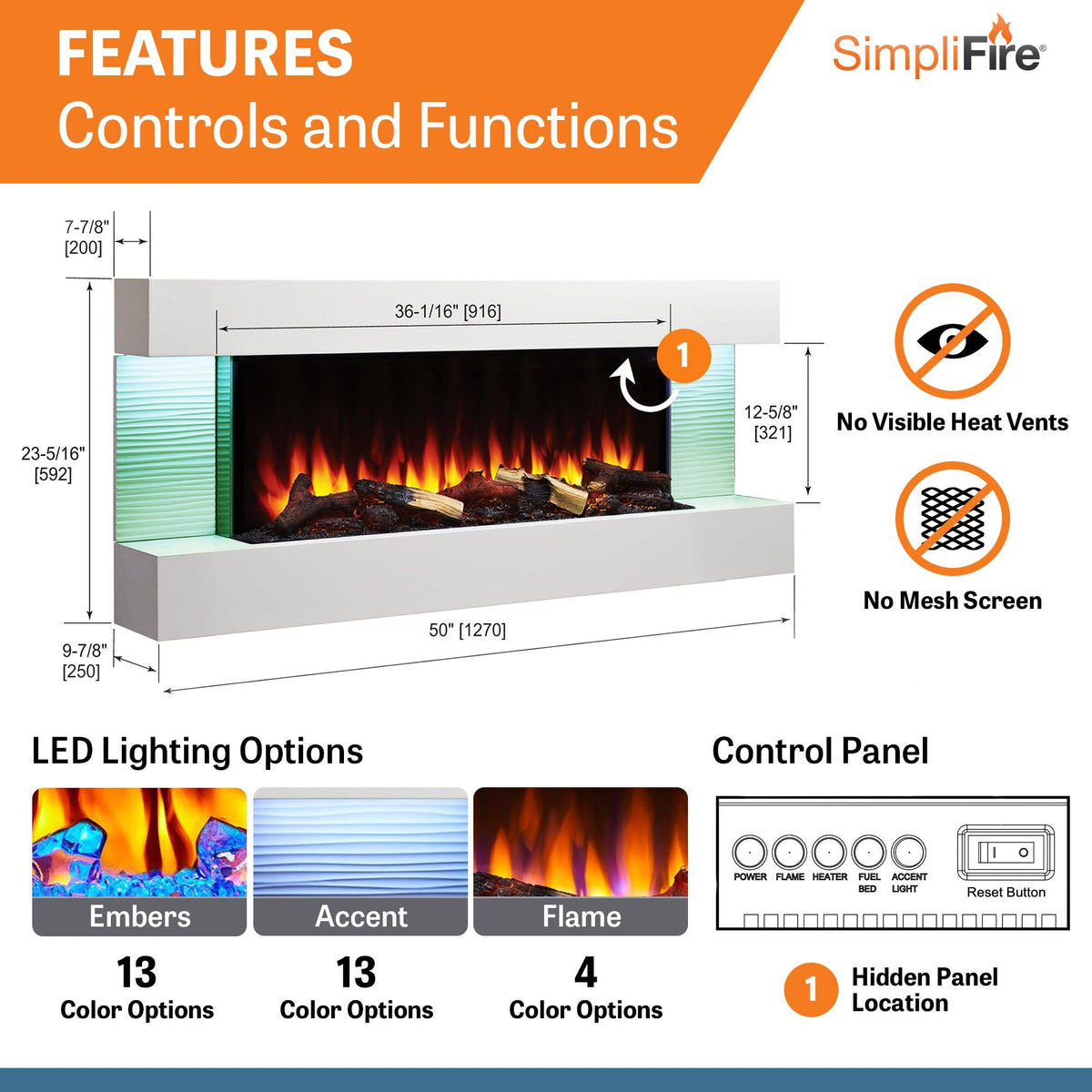 SimpliFire Format 50-Inch Floating Mantel Wall Mount Linear Electric Fireplace