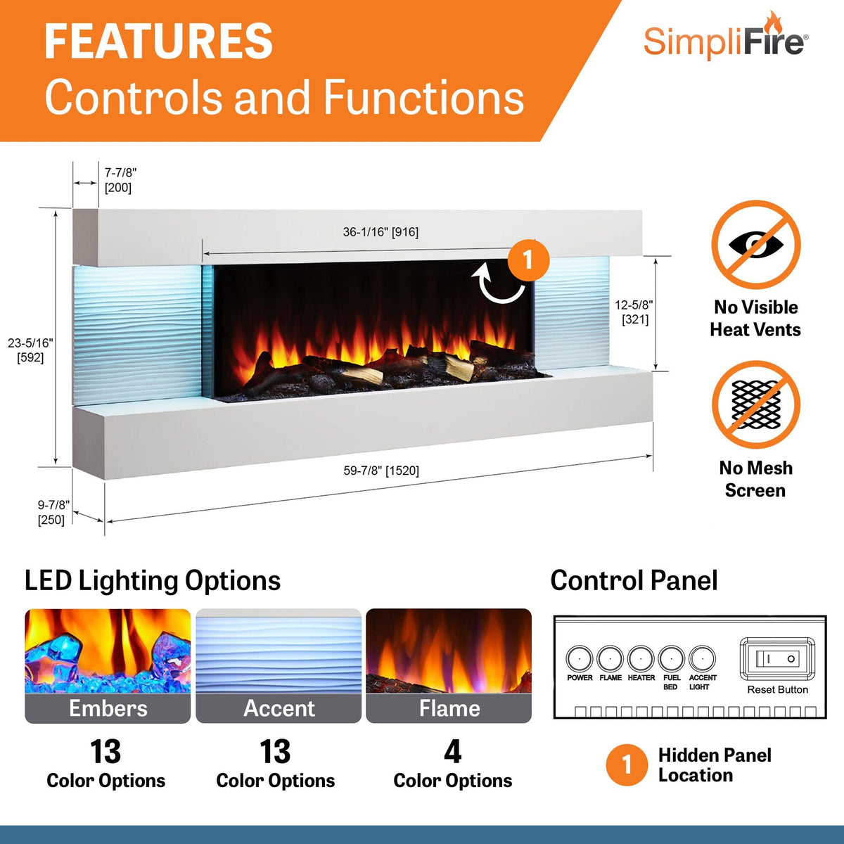 SimpliFire Format 60-Inch Floating Mantel Wall Mount Linear Electric Fireplace
