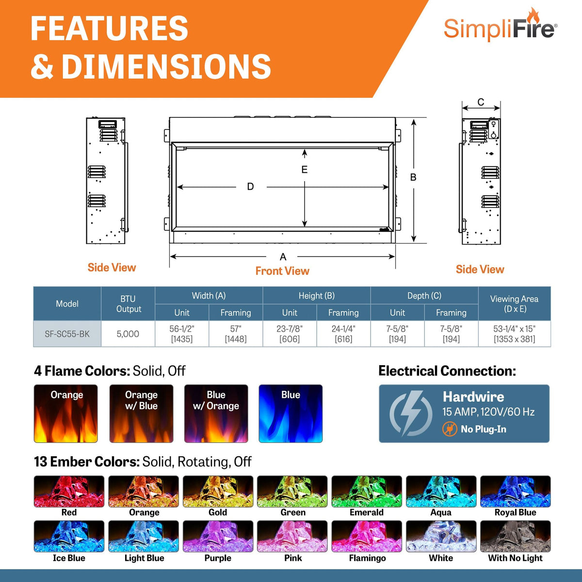 SimpliFire Scion 55-Inch Built-In Linear Electric Fireplace
