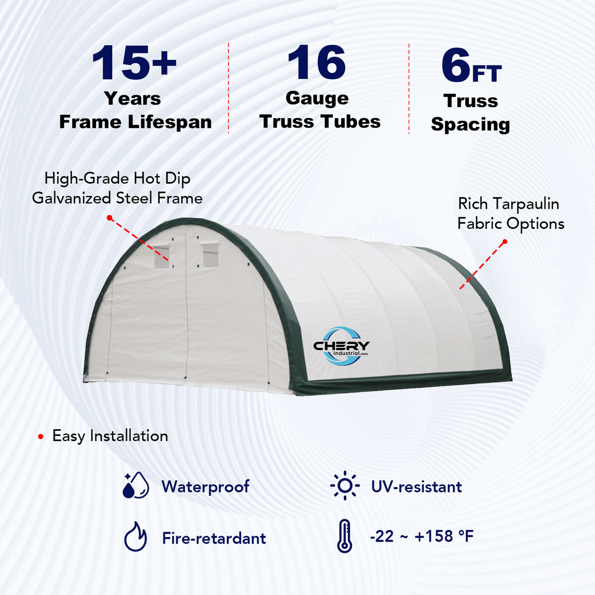 Chery Industrial Gold Mountain 20’ x 42’ x 12’ Single Truss Arch Storage Shelter – 840 sq ft Galvanized Steel Frame, 11 oz PE Canopy