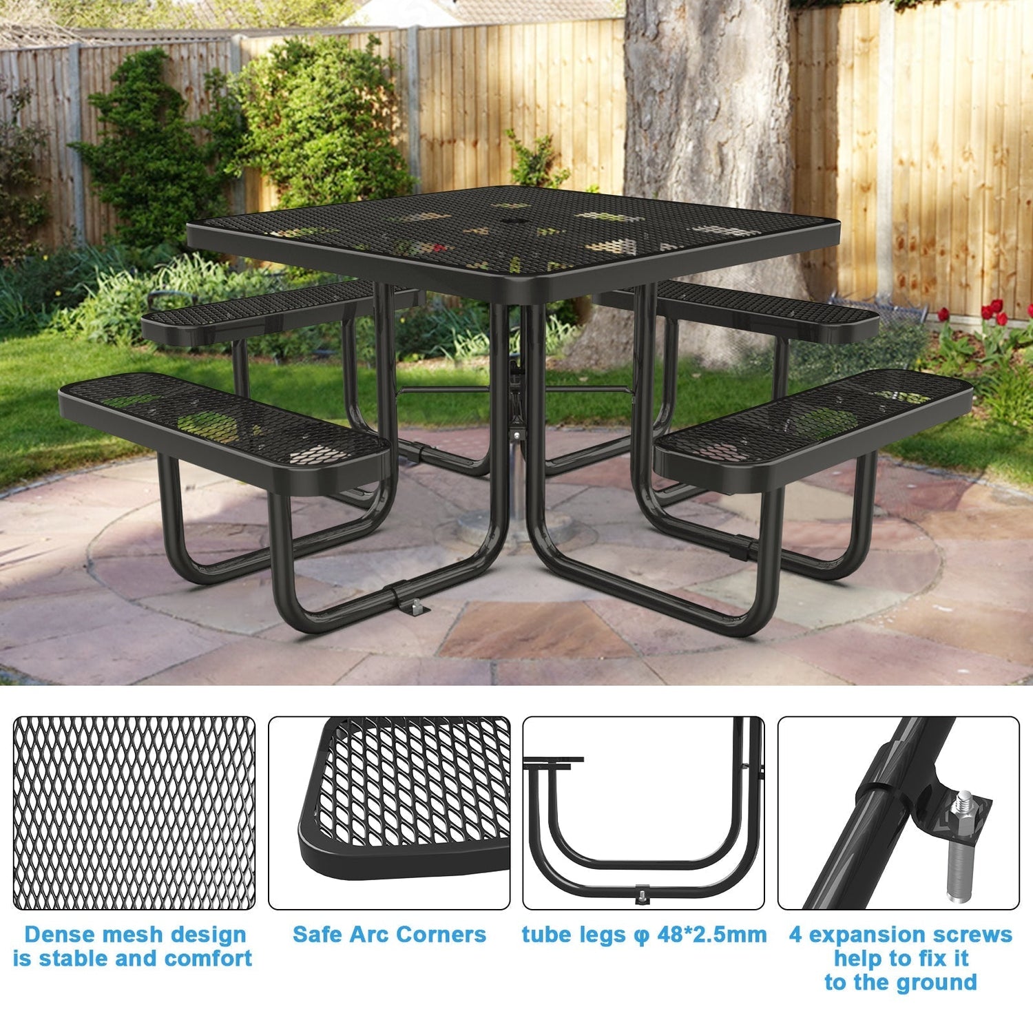 46” Square Metal Picnic Table with Umbrella Hole