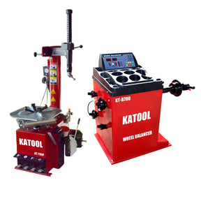 A red Katool KT-T800 tire changer and a KT-B700 wheel balancer are shown side-by-side with text overlays for both products. The tire changer has a 2.0 HP motor and handles wheels up to 41" in diameter.