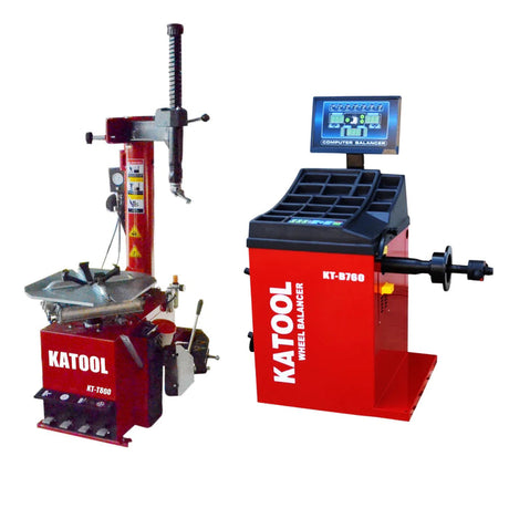 The red Katool T800 tire changer and red Katool B760 wheel balancer combo, showing both units side-by-side with their key features.