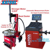 The red Katool T810 Tire Changer and the gray Katool B760 Wheel Balancer are side-by-side, with overlay text highlighting the "Stronger Motor 2.0HP," "Bead Seater," "Automatic Measurement Ruler for Input A and D Values," and "Laster Indicator for 6-o'clock Position."