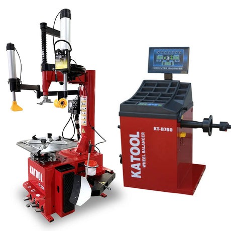 A red Katool tire changer machine is on the left, and a red Katool wheel balancer with a digital display is on the right. Both machines are professional automotive tools for tire and wheel maintenance.
