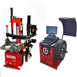 Katool KT-T835 & KT-B750 tire changer and wheel balancer combo, featuring a red tire changer on the left and a red wheel balancer on the right.