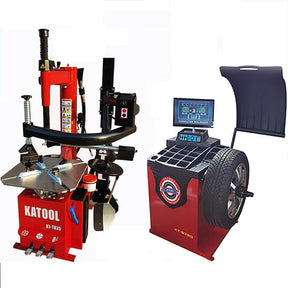 Katool KT-T835 & KT-B750 tire changer and wheel balancer combo, featuring a red tire changer on the left and a red wheel balancer on the right.