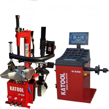 The red Katool T835 Tire Changer and B760 Wheel Balancer are displayed together as a combo set, showcasing both pieces of equipment from a front-side angle.
