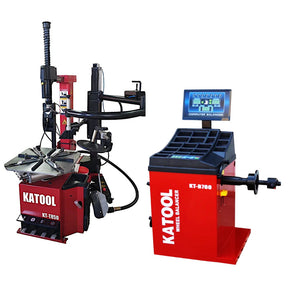 The Katool T850 tire changer and B760 wheel balancer combo is showcased, with the red T850 tire changer featuring a powerful assist arm standing next to the black and red B760 balancer. The machines are positioned for service in a modern workshop, highlighting their integrated functionality.