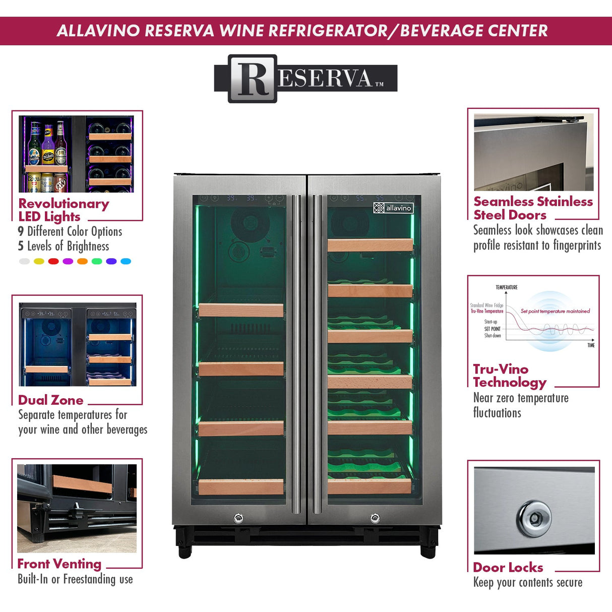 Allavino Reserva Series 24″ Wide Two-Door Stainless Steel Wine Refrigerator & Beverage Center with Wood Front Shelves VSBCW34FD-2SW