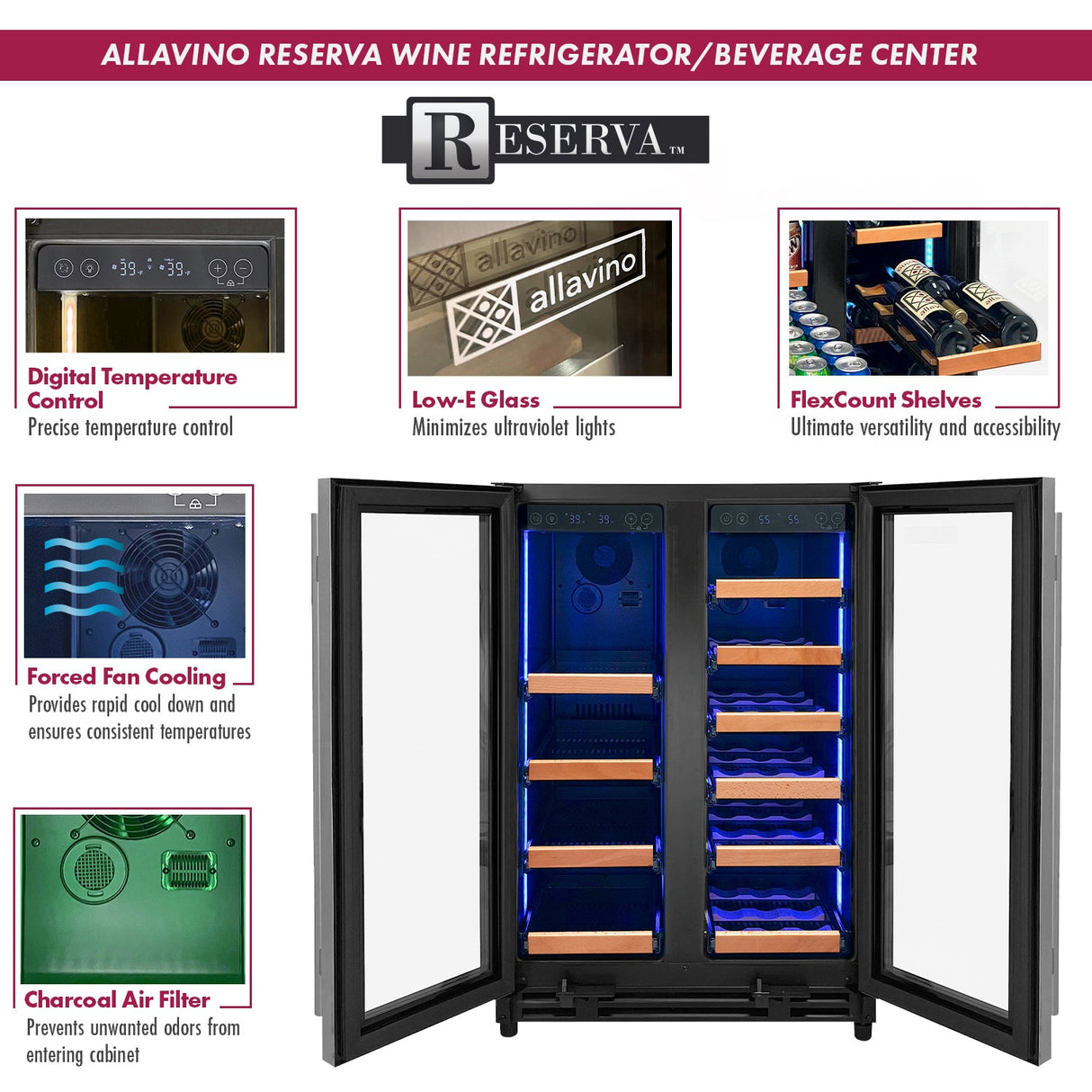 Allavino Reserva Series 24″ Wide Two-Door Stainless Steel Wine Refrigerator & Beverage Center with Wood Front Shelves VSBCW34FD-2SW