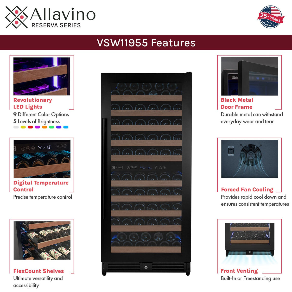 Allavino Reserva Series 119‑Bottle 55″ Semi Tall Dual Zone Right Hinge Black Metal Wine Refrigerator VSW11955D‑2BR