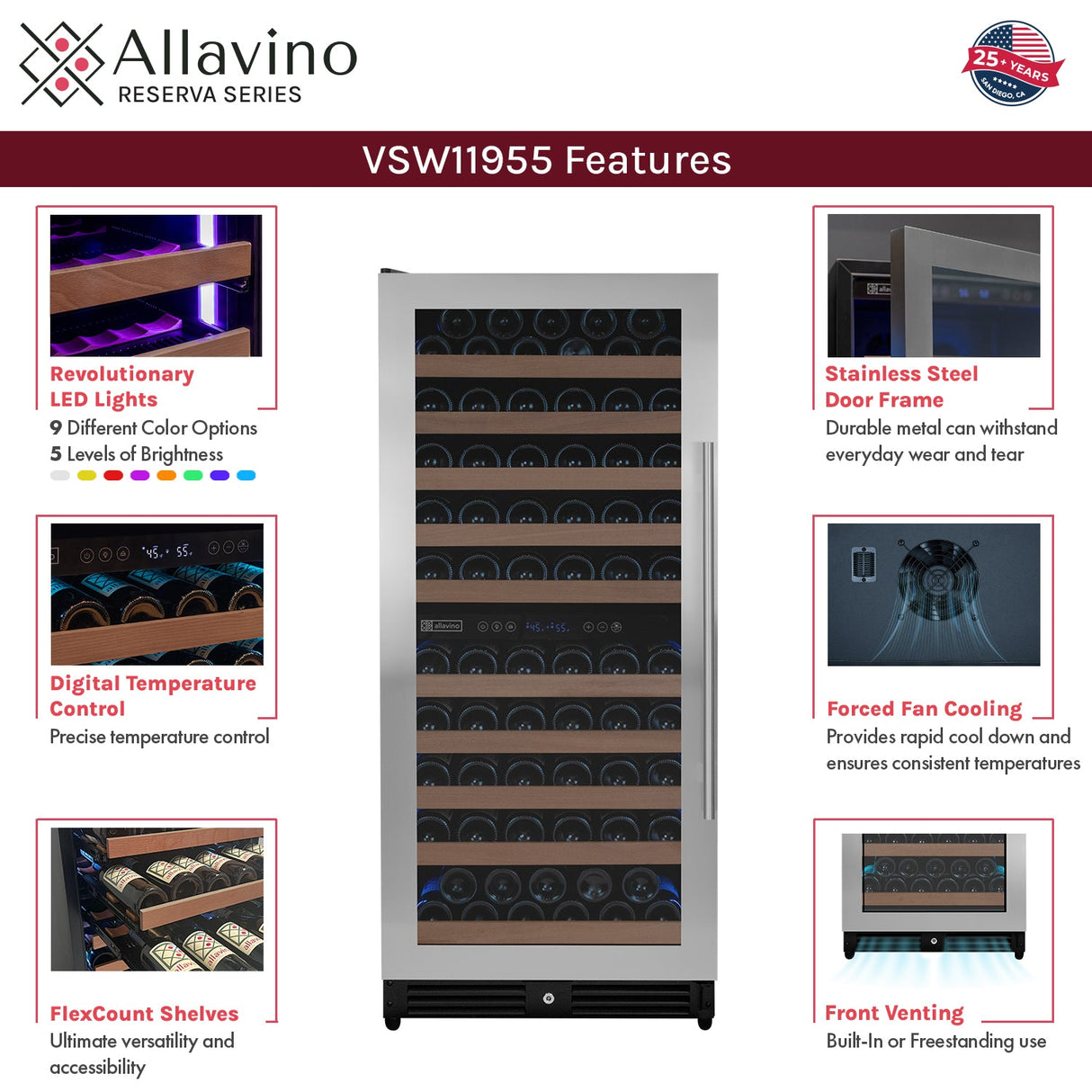 Allavino Reserva Series 119-Bottle 55″ Tall Dual Zone Left Hinge Stainless Steel Wine Refrigerator VSW11955D-2SL