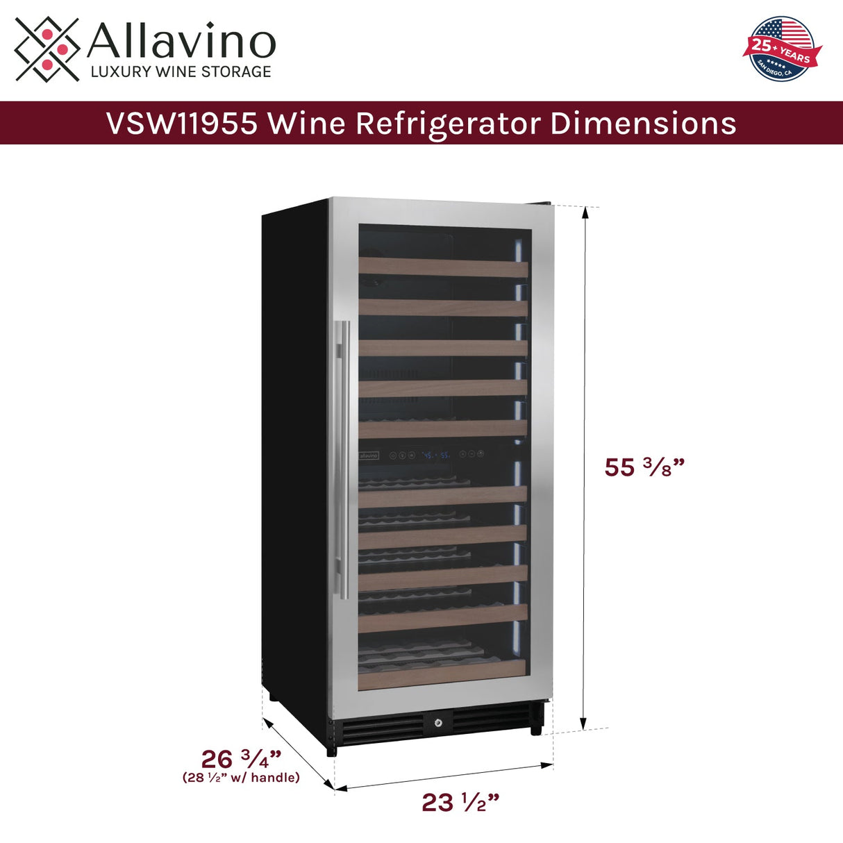 Allavino Reserva Series 119 Bottle 55" Tall Dual Zone Right Hinge Stainless Steel Wine Refrigerator