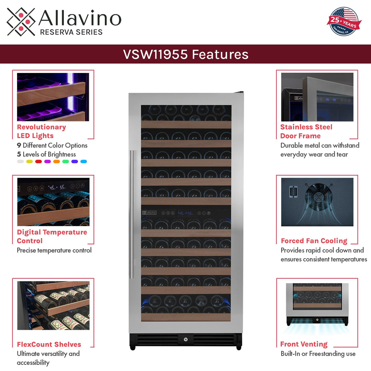 Allavino Reserva Series 119 Bottle 55" Tall Dual Zone Right Hinge Stainless Steel Wine Refrigerator